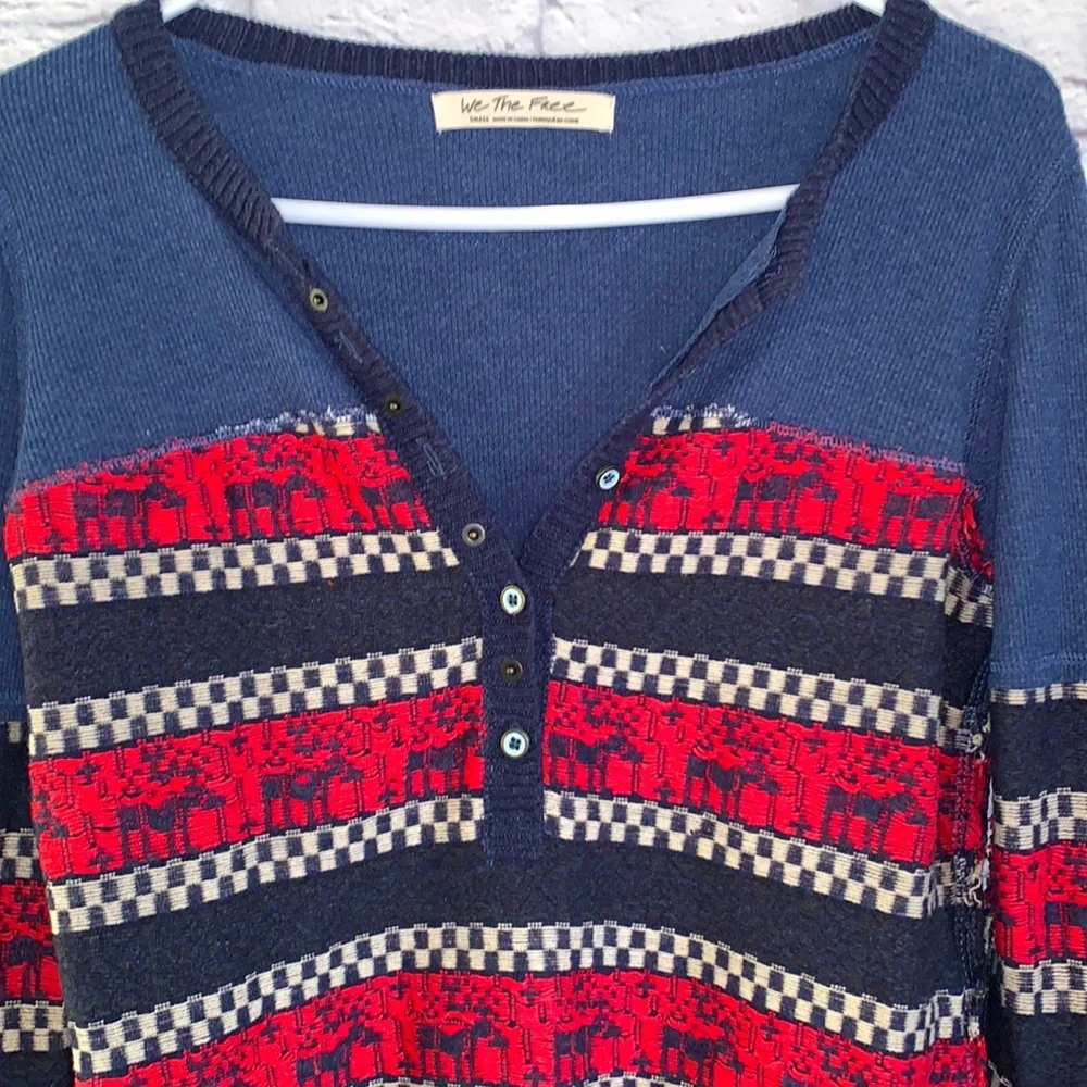 We The Free Navy Blue and Red Striped Scoop Neck Sweater